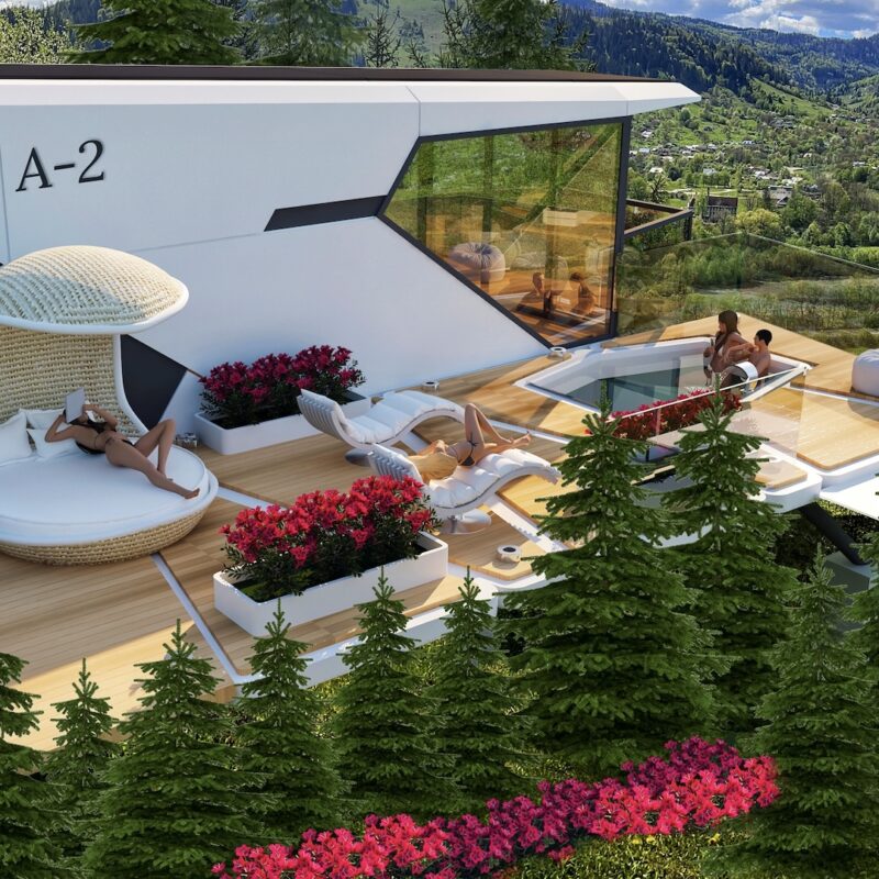 Photorealistic architectural 3D visualization of a futuristic smart house in the Carpathian Mountains. Created in 3ds Max and V-Ray by Lavriv Studio.