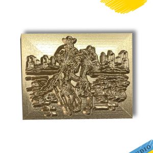 Our brass leather stamp on the theme of the Wild West and cowboys is the perfect choice for those who value authenticity and historical significance in their leather crafts. The stamp features an image of a cowboy on horseback with a landscape in the background. It will create a unique effect on the surface of the leather, adding a distinct western charm to your leather goods, such as wallets, belts, bags, and other leather item