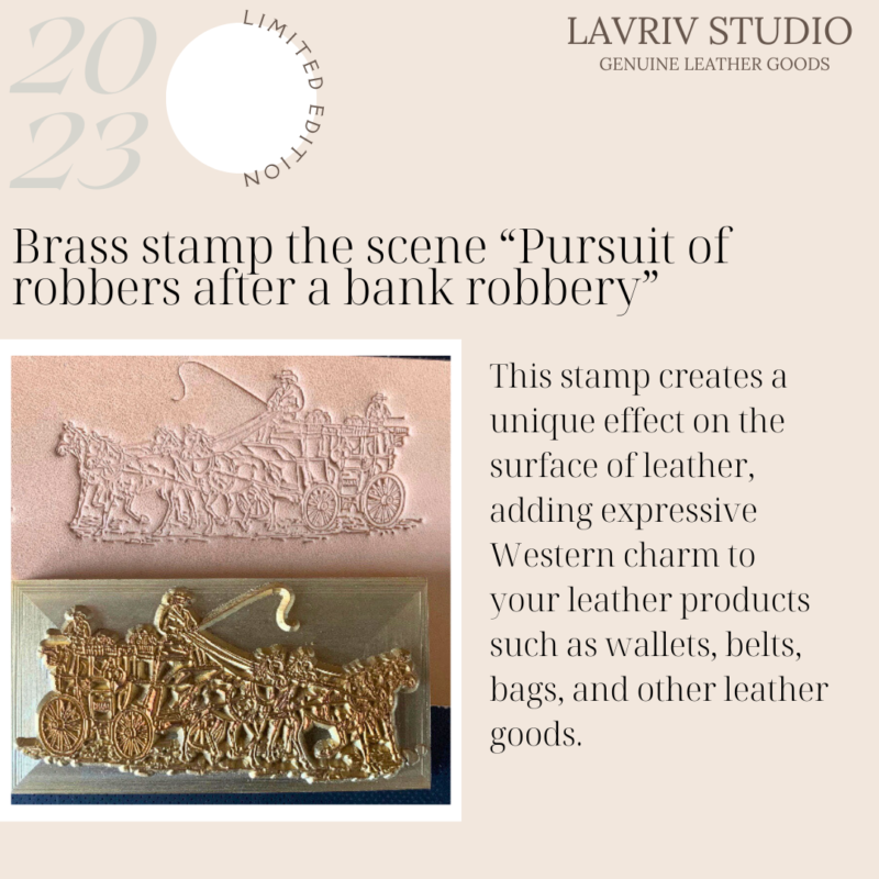 Creating the scene “Pursuit of Robbers After a Bank Robbery” for the brass stamp was an intricate artistic challenge, requiring a meticulous balance between dynamic motion and fine detail.