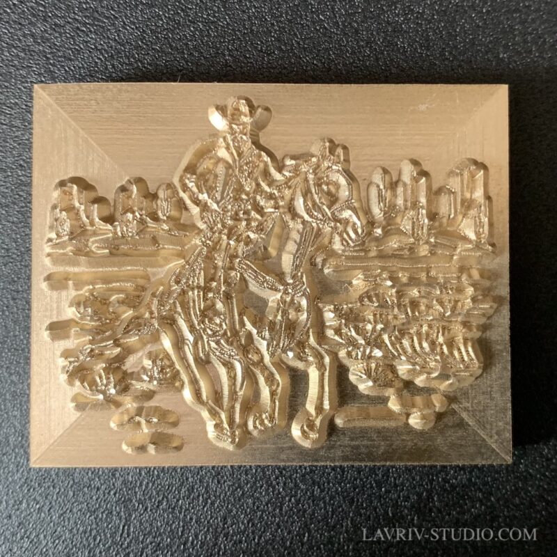 Creating the design for the brass stamp “Sheriff” was a unique artistic challenge, requiring a perfect blend of bold Western iconography and intricate detailing.