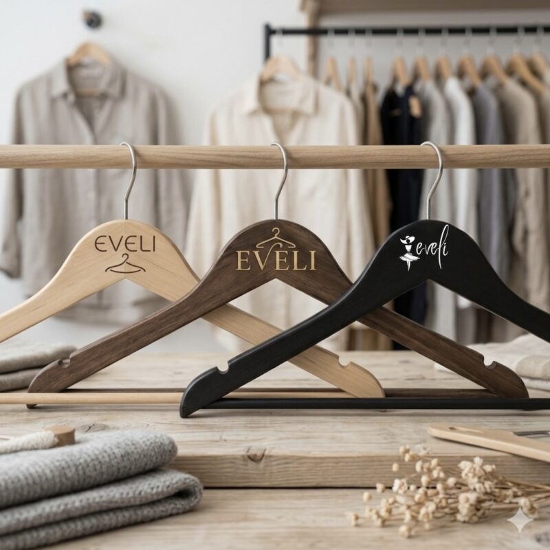 The EVELI project combined graphic design with precision engineering. The objective was to develop a clean and elegant logo for a premium brand of wooden hangers and translate this visual identity into a physical branding tool — a custom brass stamp for hot embossing.